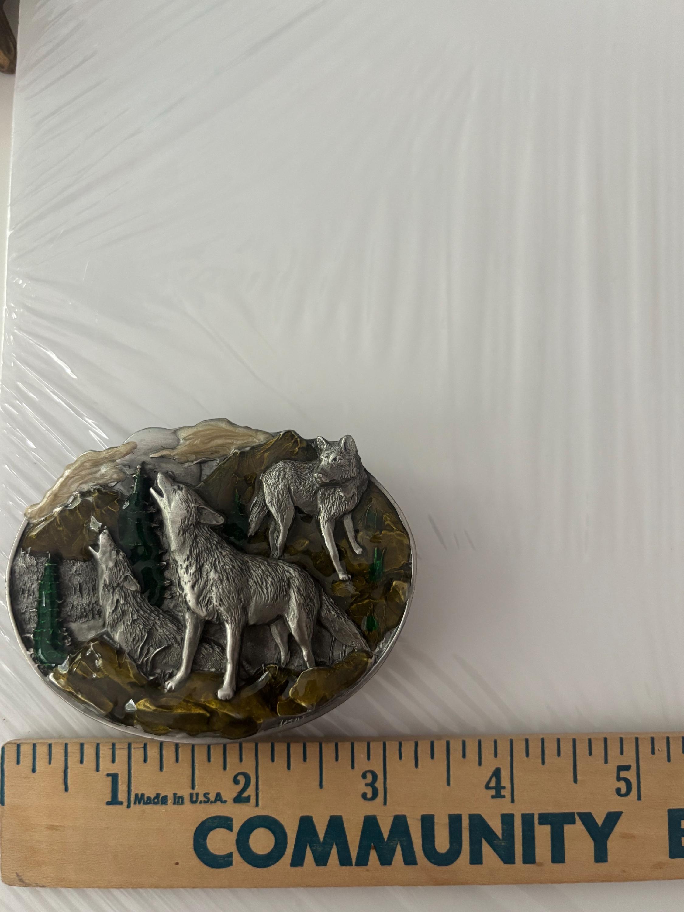RARE VTG Anacortes Solid Brass Works Belt Buckle Howling Wolf Forest Made In USA Steampunk Belt Buckle Wolf, Solid Brass Sculptural Victorian  main image 3