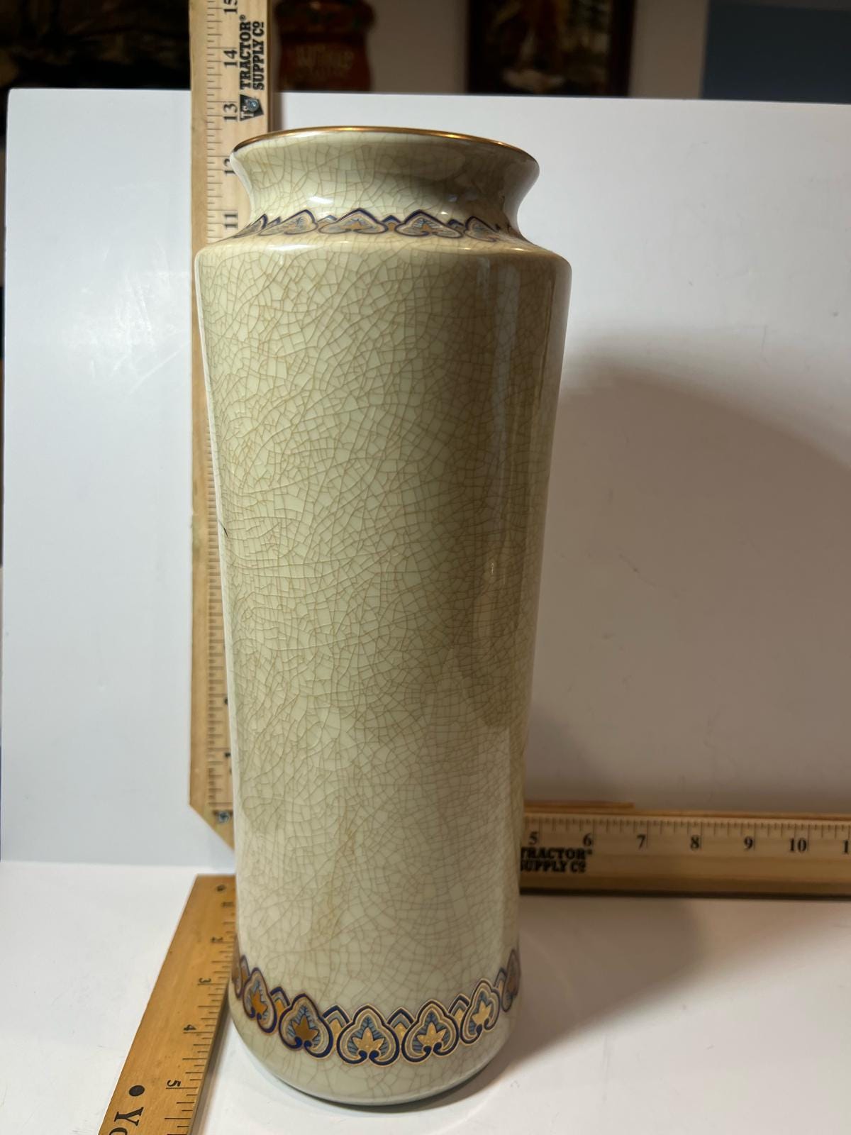 Vintage Asahi Sato Gordon Japan Peacock Vase Crackle Glaze Floral
