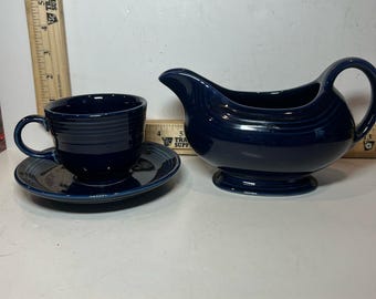 Fiesta Cobalt Blue Cup Saucer & Gravy Boat Set Vintage Ceramic Kitchen Decor