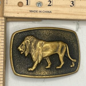 Op de afbeelding: Een rechthoekige koperen riemgesp met een reliëf van een leeuw in profiel tegen een donkere, getextureerde achtergrond. De gesp ligt naast een houten liniaal en is ongeveer 8,9 cm breed en 6,4 cm hoog.