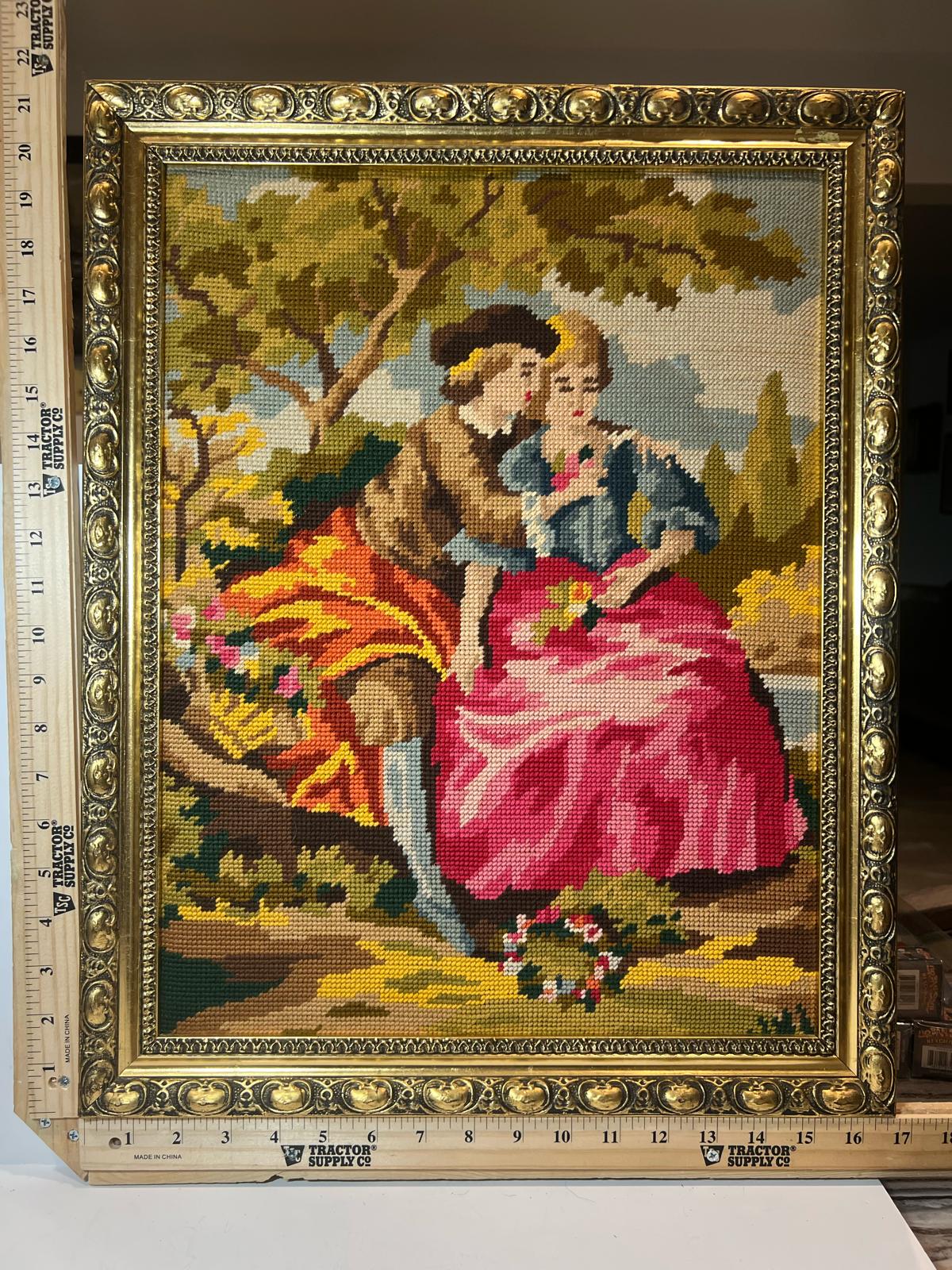 Buy Vintage Needlepoint Tapestry Lovers Scene in Ornate Gold Frame