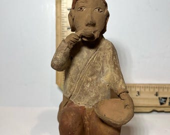 Vintage Terracotta Seated Figure Sculpture Handmade Folk Art Collectible Decor