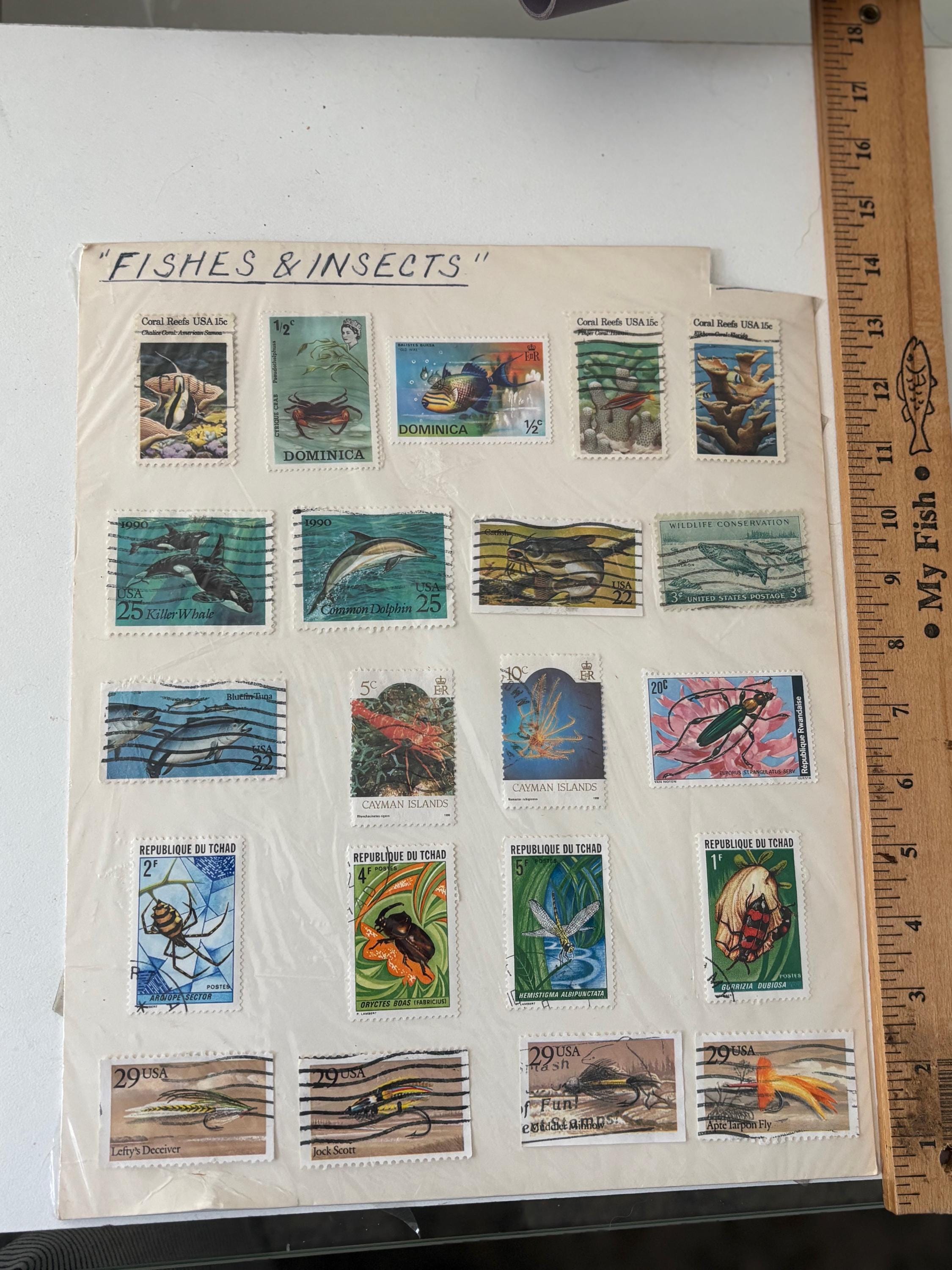 Vintage Stamp Lot – Fishes & Insects Theme Worldwide Postage Stamps USA ...