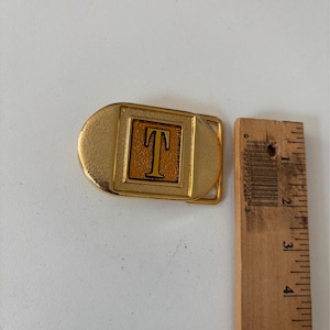 Vintage Gold Initial “T” Belt Buckle – Monogram Letter T Enamel Retro 1970s Style