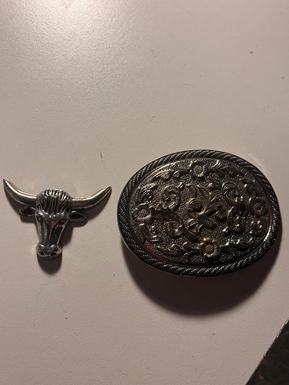 Vintage Steer Head Buckle, Men's Silver Belt Buckle with Bull's Head