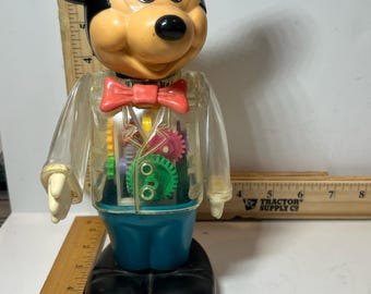 Disney Vintage Mickey Mouse Wind Up Toy Unisex 8 Inch Black Red Blue Clear Plastic Collectible Retro Mechanical Gears Figure