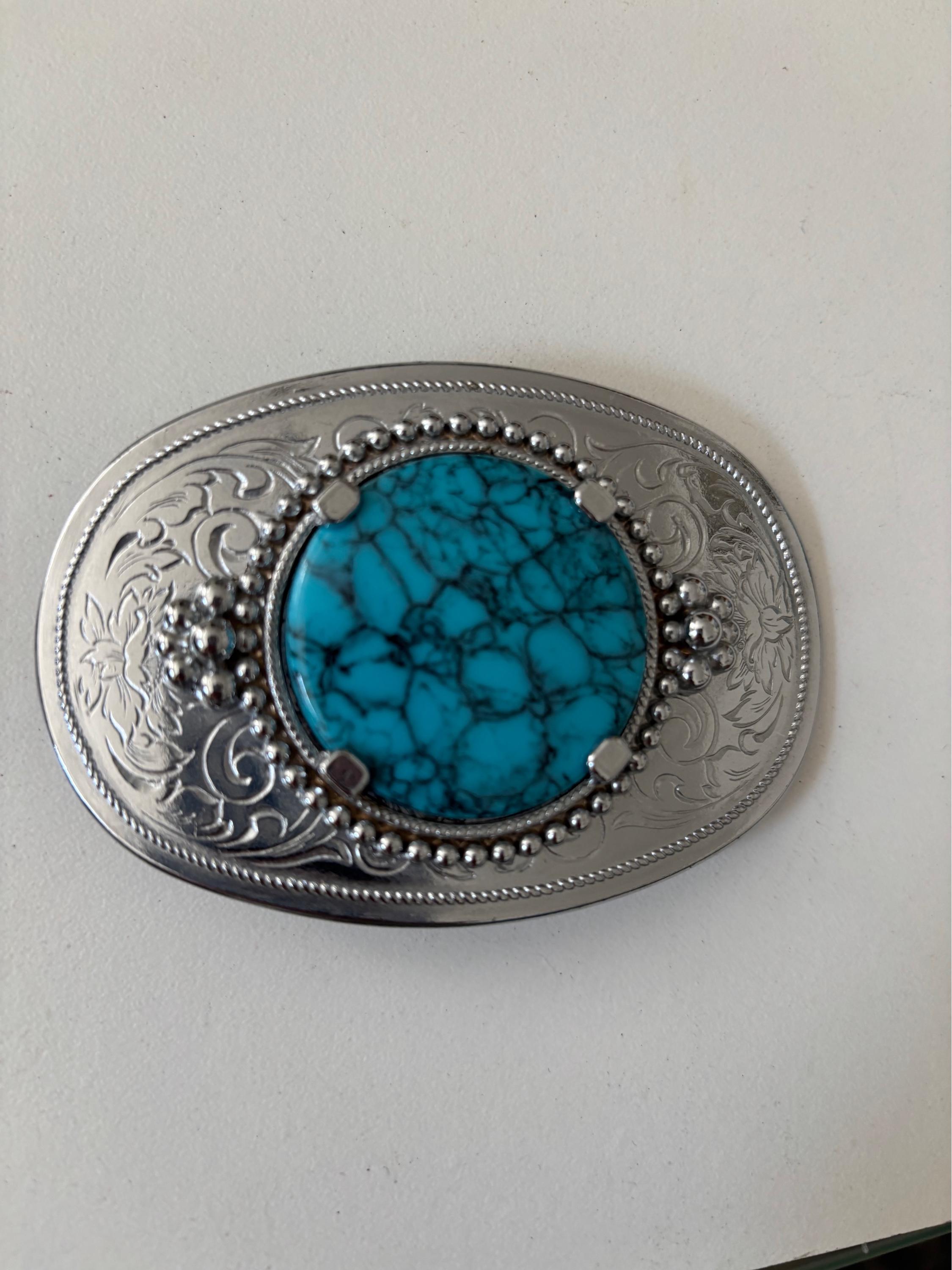 Handmade Vintage Turquoise Inlay Stallion Rodeo Southwestern Womens Belt Buckle Vintage Western Turquoise Belt Buckle: Engraved Silver  main image 4