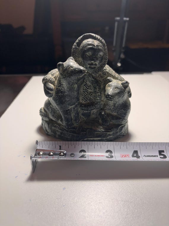 A Wolf Original Soap Stone Sculpture Inuit Man With 2 Wolves 5