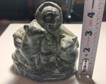 A Wolf Original Soap Stone Sculpture Inuit Man With 2 Wolves 5