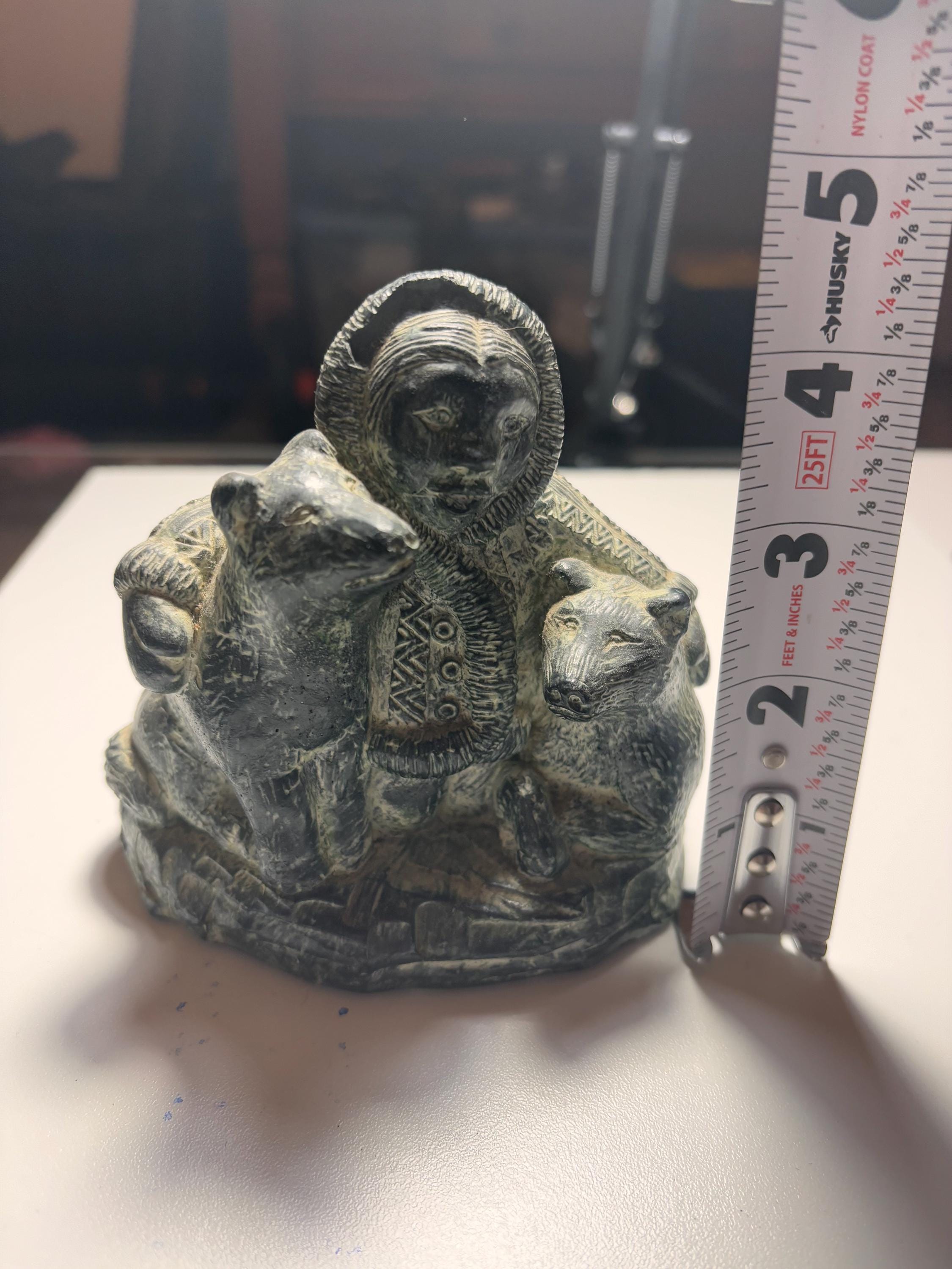 A Wolf Original Soap Stone Sculpture Inuit Man With 2 Wolves 5