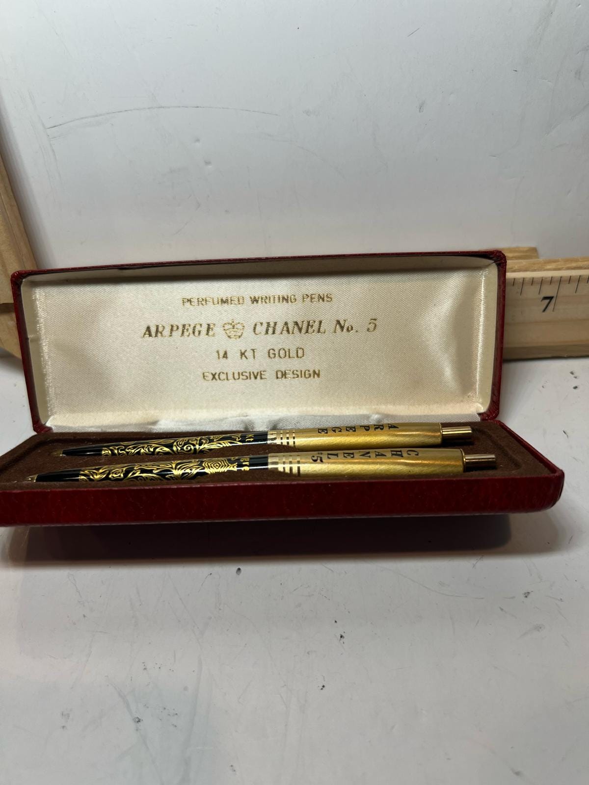 Vintage Chanel Arpege No. 5 14 KT Imprinted Gold Pen Set With