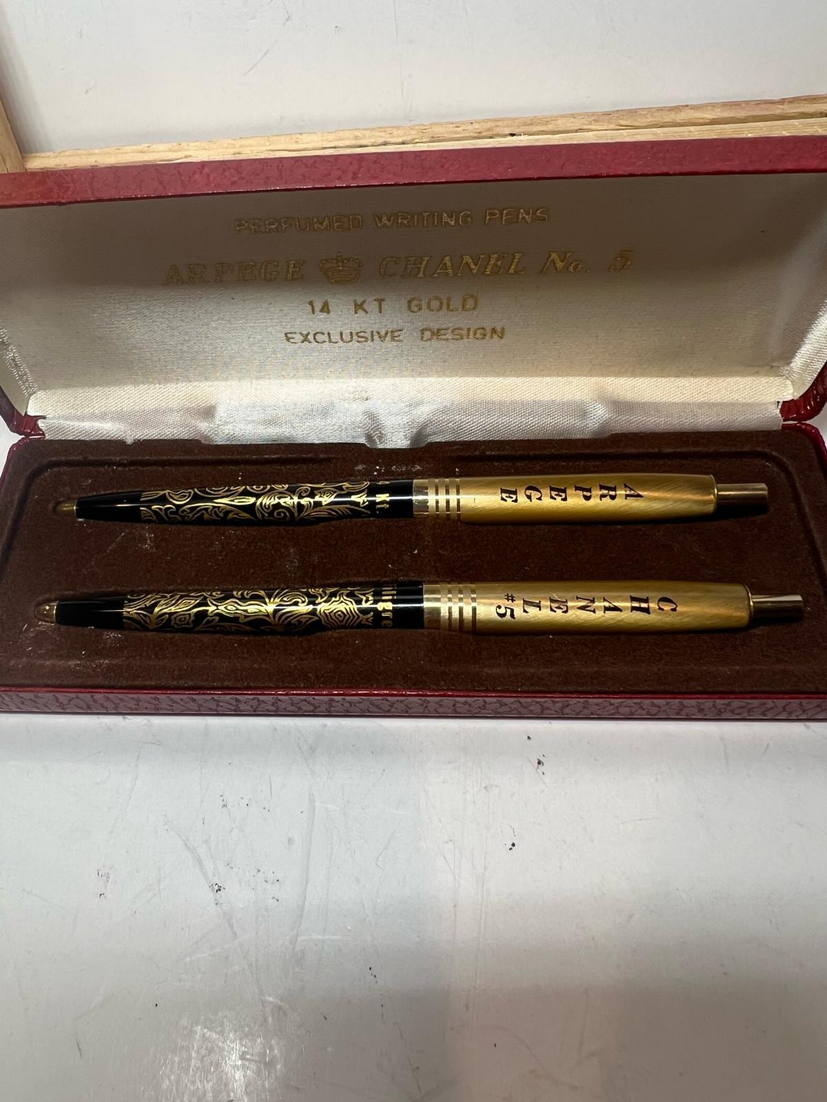 Vintage Chanel Arpege No. 5 14 KT Imprinted Gold Pen Set With
