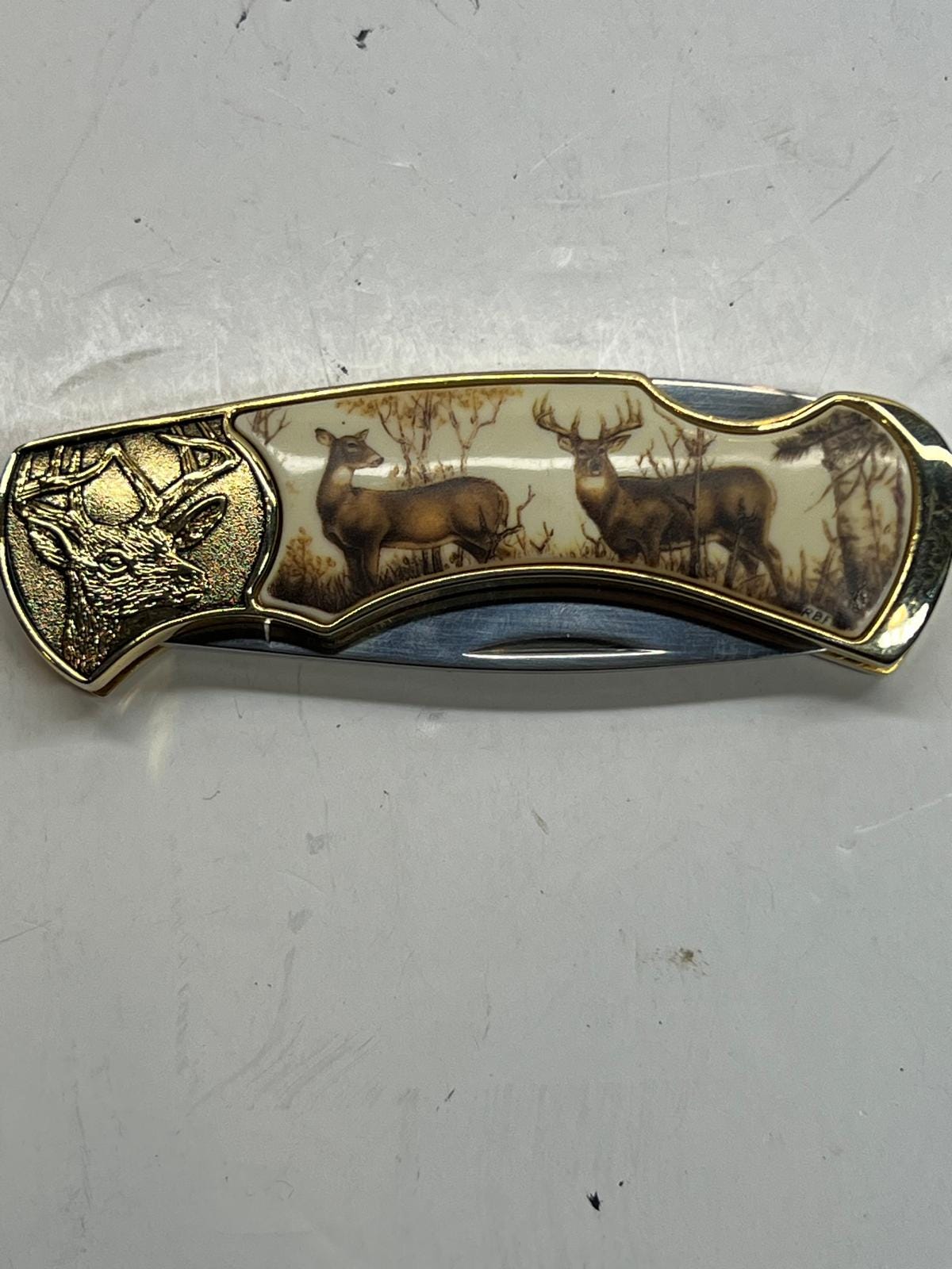 フランクリンミント　コレクター　ナイフ Franklin Mint Collector Knife Deer Wildlife Gold Folding Pocket