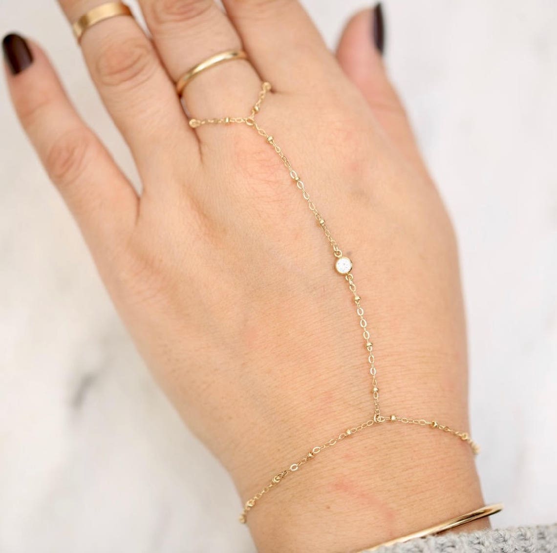 Gold Slave Bracelet with CZ Hand Chain Bracelet Delicate Etsy