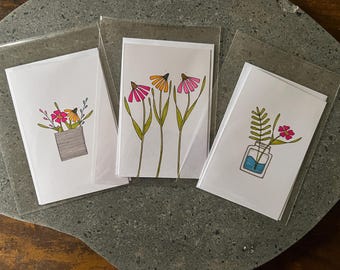 Set of 3 Hand-drawn Original 4x6 Greeting Card Set – All Occasion Blank Handmade Stationery