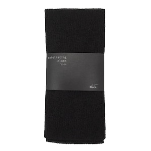 May include: Black exfoliating cloth with the text "exfoliating cloth" and "Black" printed on a label.