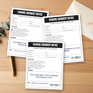 May include: Three white rectangular parking judgment notice cards with black headers and text. Each card features fields for vehicle details, violation checkboxes, and a judgment section with handwritten-style blue text and a barcode.