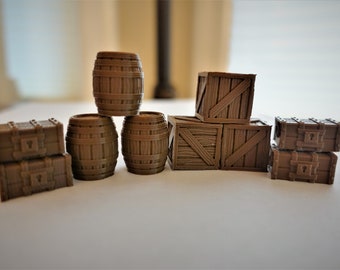 Gloomhaven Accessory Set - Wooden Barrels, Wooden Crates, Wooden Treasure Chests - 10 Pieces