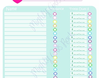 May include: A light blue and pink printable meeting tracker with the words "Meeting Tracker" in a pink cloud shape. The tracker has columns for name, attendance, and troop dues. There are 20 rows for names and 20 rows for dues. Each row has a small colored flower icon.