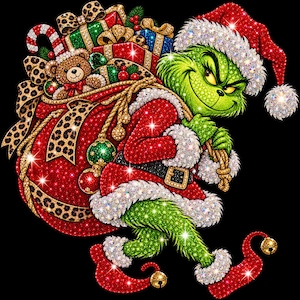 May include: A sparkling rhinestone-covered illustration of a green creature wearing a red Santa hat and suit, carrying a large red sack filled with wrapped gifts, a teddy bear, and a candy cane, all accented with leopard print bows.