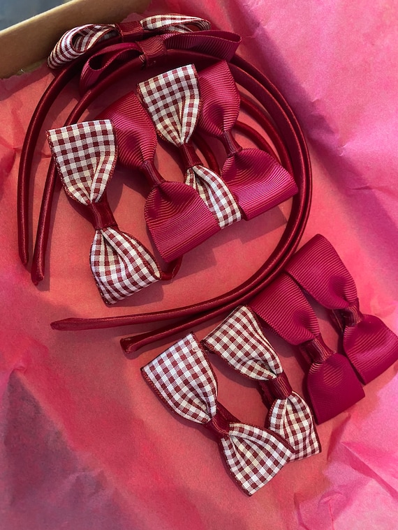 School Hair Accessories Set of 2 Gingham Bow Alice Bands Headbands Head Bands 