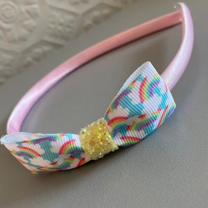 Pastel rainbow satin Alice band. Glitter, rainbow. Girls birthday gift, girls hair band accessory.