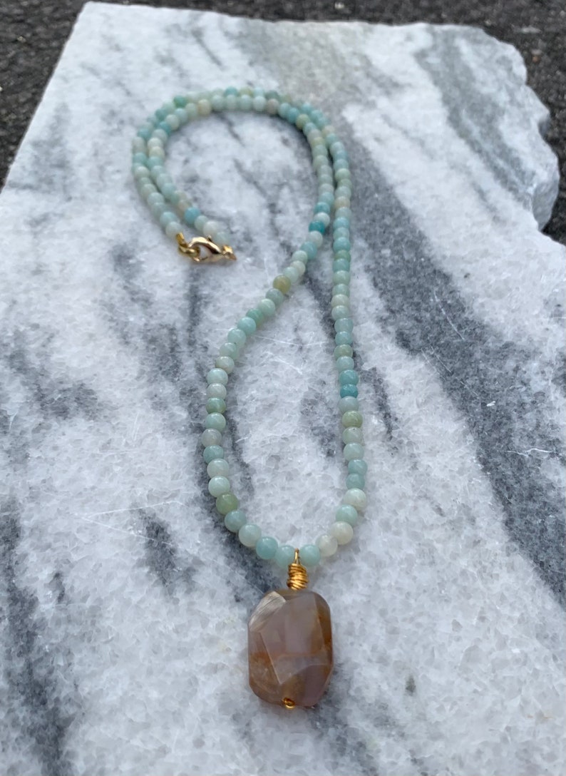 Men\u2019s 4mm Amazonite Beaded Necklace Chain with Fossil Agate Pendant Men\u2019s Collection