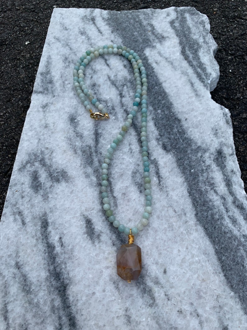 Men\u2019s 4mm Amazonite Beaded Necklace Chain with Fossil Agate Pendant Men\u2019s Collection