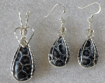 Black Coral Fossil Pendant and Earrings Wire Wrapped in Sterling Silver Wire. Black Coral Fossil. Small Pendant and Earrings