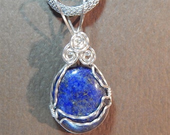 Small Lapis Lazuli Pendant Necklace wire wrapped in Sterling Silver Wire, Lapis with gold flecks, Blue Lapis