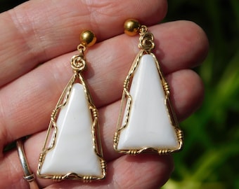 Mother of Pearl Earrings, White Mother of Pearl Shell Earrings, Gold Fill Wire Wrapped, Nacre