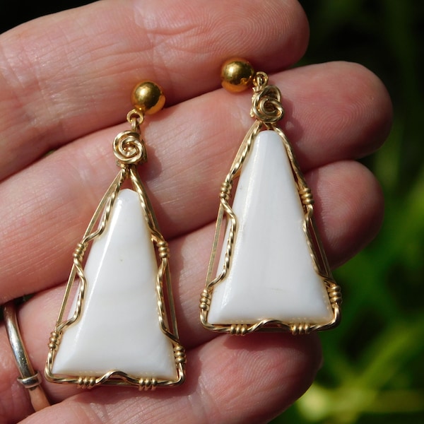 Mother of Pearl Earrings, White Mother of Pearl Shell Earrings, Gold Fill Wire Wrapped, Nacre