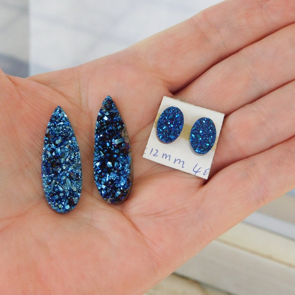 Fancy Blue Titanium Quartz Drusy Pieces for Jewelry Making, Four total pieces in Sparkly Bright Blue Quartz Druzy.