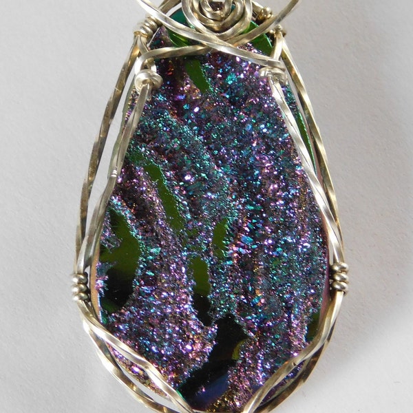 Rainbow Titanium Drusy on Agate, Green Blue Lavender Teardrop Pendant Wire Wrapped in Sterling Silver Wire. Unique.