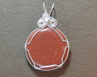 Goldstone Round Pendant Necklace wire wrapped in Sterling Silver Wire, Goldstone Necklace, Brown Goldstone