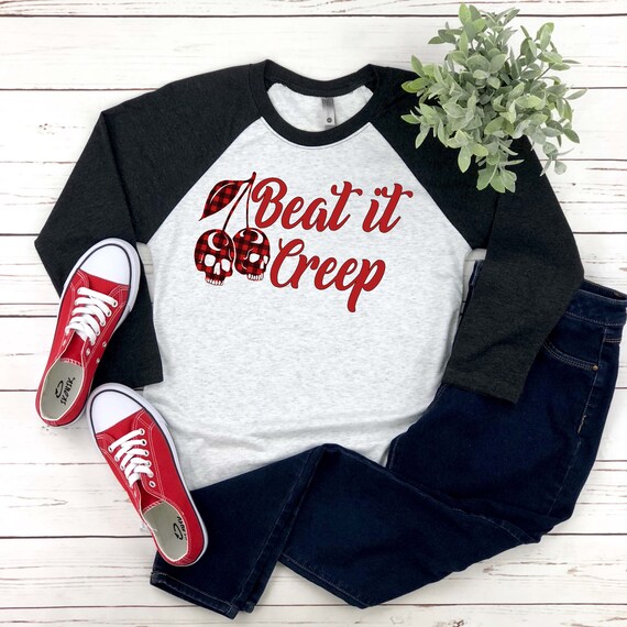 Beat it creep and cherries rockabilly plus size friendly raglan tee shirt with a Vintage retro feel