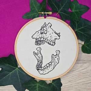 May include: A white embroidery hoop with a black line drawing of a human skull and jawbone. The hoop is surrounded by green ivy leaves on a wooden surface.