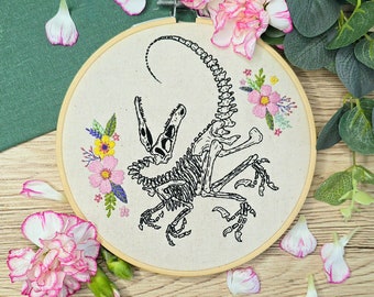 Floral Velociraptor Skeleton PDF Embroidery Pattern