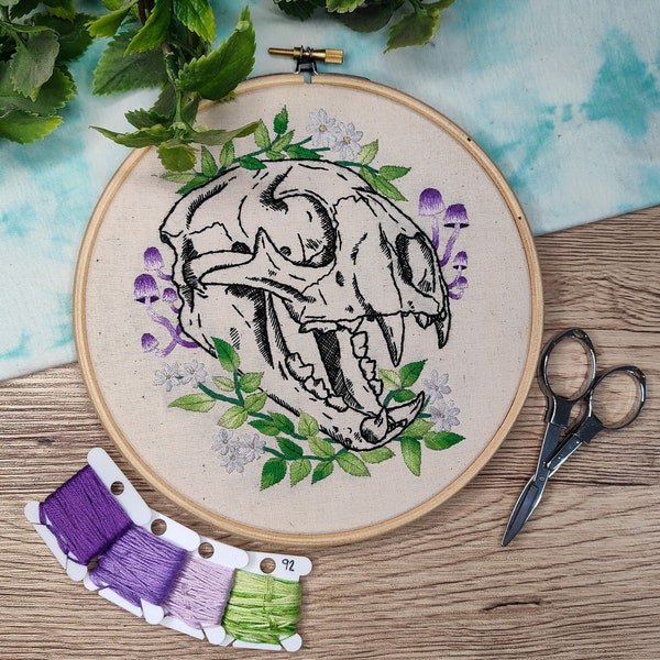 Floral Cougar Skull PDF Embroidery Pattern