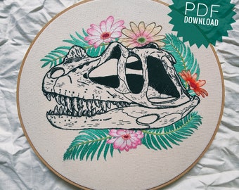Floral Ceratosaur Dinosaur Skull PDF Embroidery Pattern