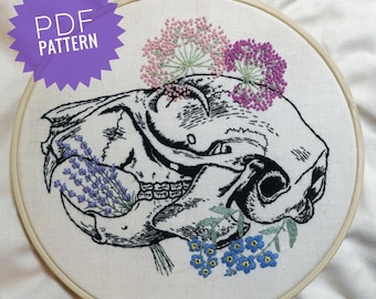 Floral Squirrel Skull PDF Embroidery Pattern