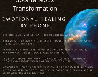 May include: A blue and black image with a quote about emotional healing by phone. The quote says, "Our bodies are vessels that hold our energy and our essence. When we are in alignment our energy flows freely, and our outer life reflects that ease. However, sometimes the energy becomes trapped from abuse, abandonment, anger, fear, stress, and grief. The Spontaneous Transformation Technique helps individuals locate and understand the origin of discomfort. Without revisiting the events that caused pain and suffering and move from surviving to thriving by releasing held trauma and realigning internal energy flow."