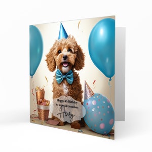 May include: A birthday card with a brown dog wearing a blue bow tie and party hat. The card features blue balloons, confetti, and the text "Happy 4th Birthday to a special Grandson Henry."