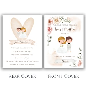 May include: Wedding activity book with a cartoon bride and groom on the front and back covers. The front cover says "Welcome to Our Wedding" and the names "Laura & Matthew". The back cover says "Just Married".