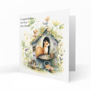 May include: A watercolour greeting card with a new home theme. The card features a squirrel in a birdhouse, surrounded by flowers and greenery. Text reads "Congratulations On Your New Home!" and the names "Andrew & Jessica".
