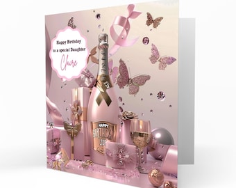 May include: A pink birthday card with a champagne bottle, gifts, butterflies, and the text "Happy Birthday to a special Daughter Claire". The card has a festive design with pink and gold accents, perfect for a 50th birthday celebration.