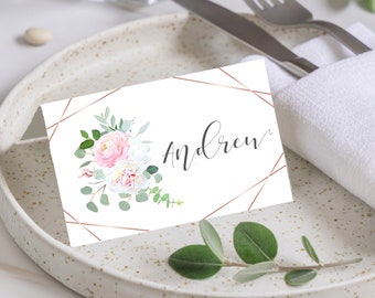 PERSONALISED Place Cards Wedding Name Meal Table Setting Rose Gold Geometric Effect PC9