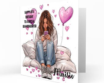 Personalised 11th 12th 13th 14th 15th 16th Birthday Card Girls Brown Hair Granddaughter Niece Daughter Sister Friend, Texting C0101