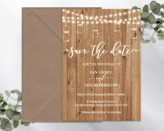 Personalised Save The Date or Save The Evening Cards Wedding Vintage Rustic Mason Jar Lights Wood Effect IW47