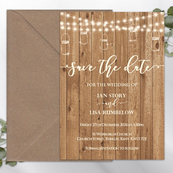 Cartes réservez une date ou réservez une soirée personnalisées, mariage vintage rustique, lumières de pot Mason, effet bois, IW47